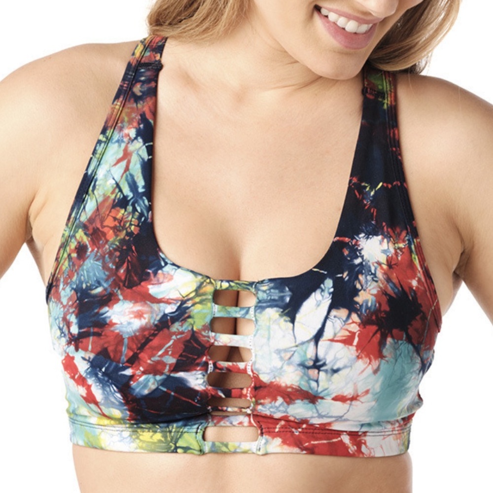 Zumba NWT Multi Color WorldWide Tie Dye Lattice Cut Out Front & Back Sports Bra